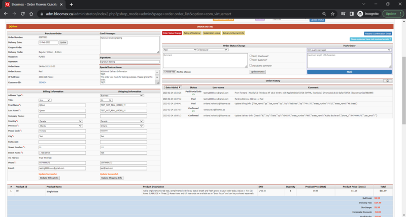 Shipping information was updated and a record about updating is shown in history of order.png