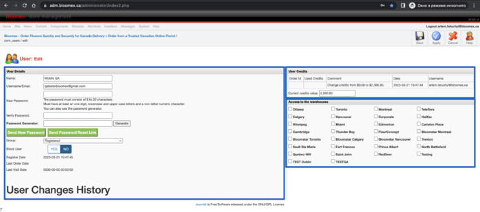The page is opened and contain atributes (user details tamplate , User credits tamplate, Access to the warehouses tamplate).png
