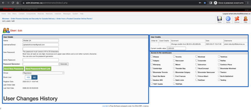 The page is opened and contain atributes (user details tamplate , User credits tamplate, Access to the warehouses tamplate).png