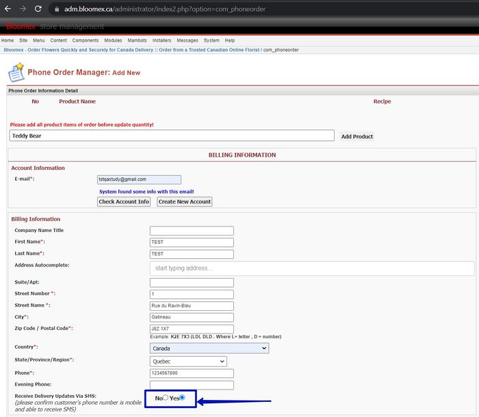 2. Radio buttons "Receive Delivery Updates Via SMS" "No" and "Yes" is displayed.jpg