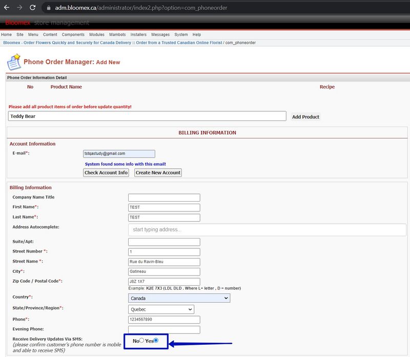 2. Radio buttons "Receive Delivery Updates Via SMS" "No" and "Yes" is displayed.jpg