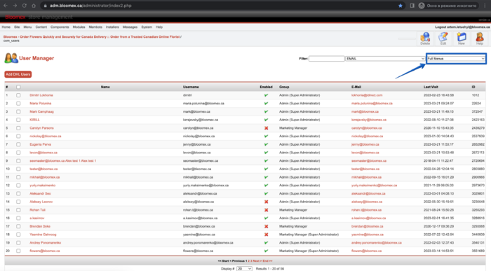 The Full Menus is selected and filtered users are displayed.png