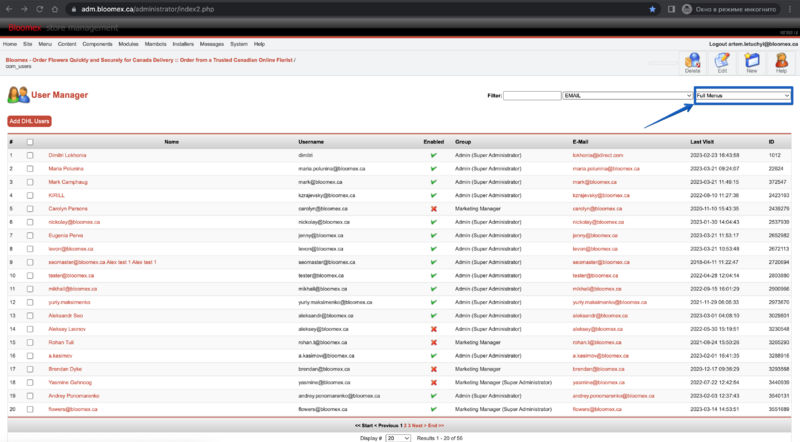 The Full Menus is selected and filtered users are displayed.png